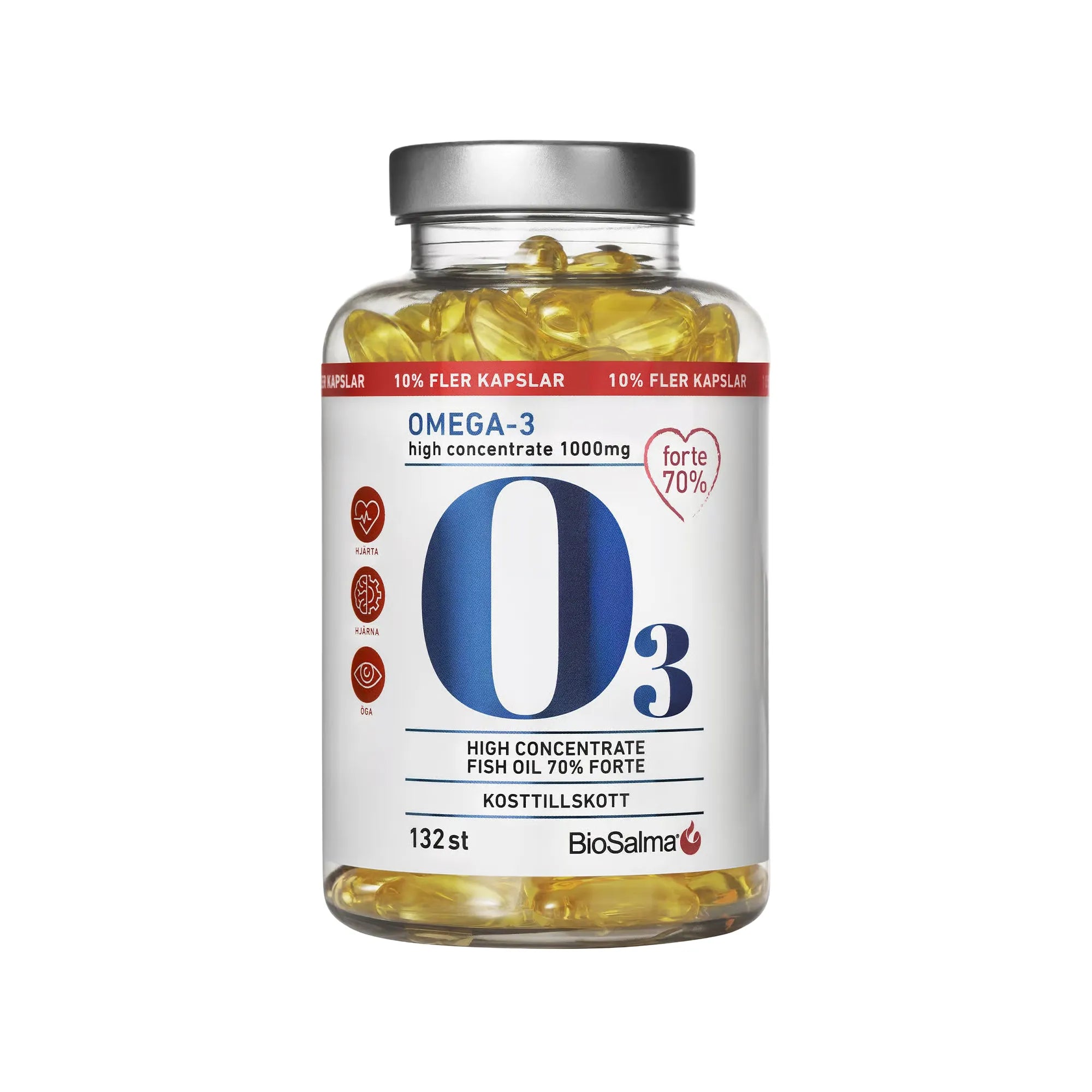 BioSalma Omega-3 Forte 70% 1000 mg 132 caps i en genomskinlig burk med silverlock och guldfärgade kapslar.