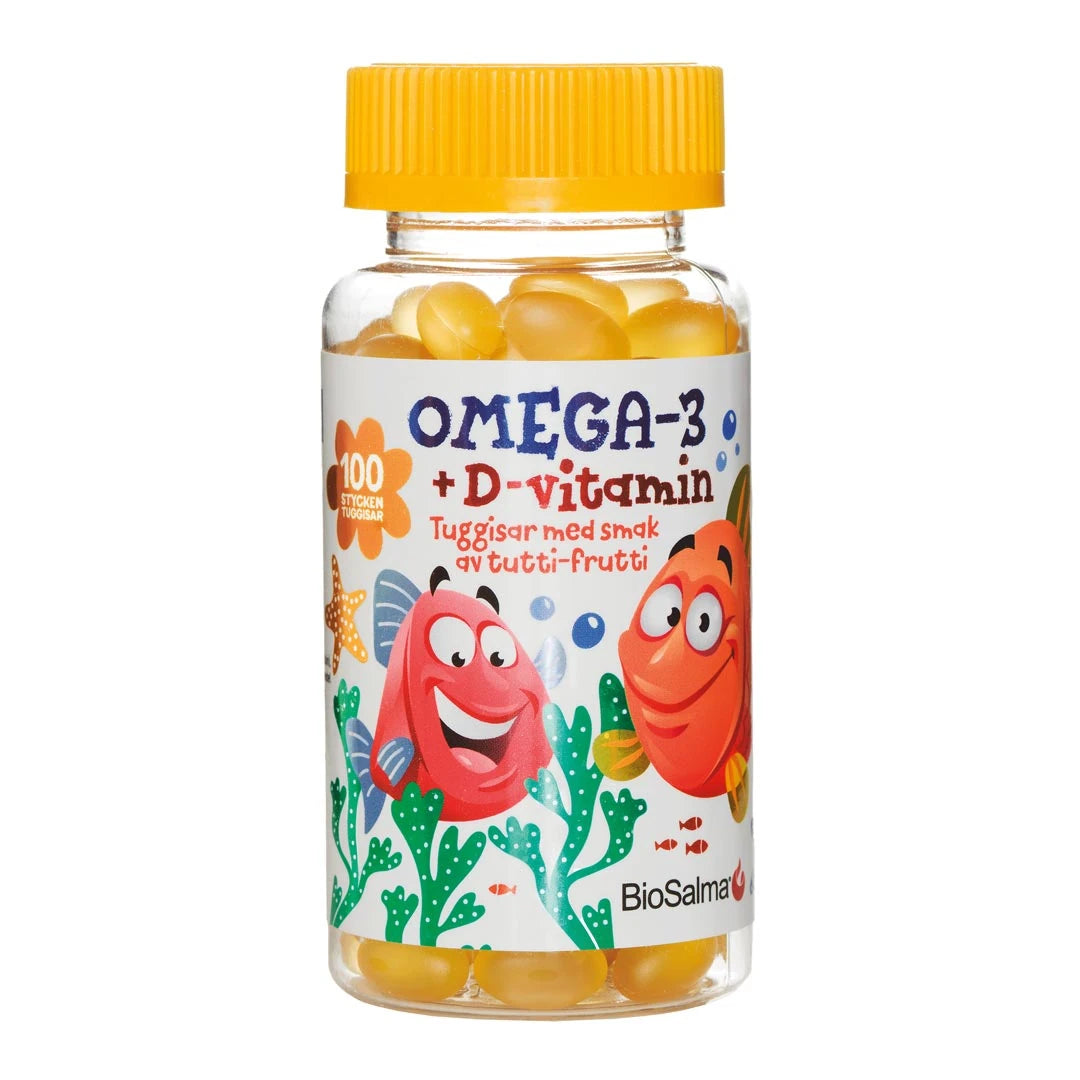 BioSalma Omega-3 100 pcs tuggisar för barn, i en transparent burk med gult lock och färgglada tecknade fiskar.