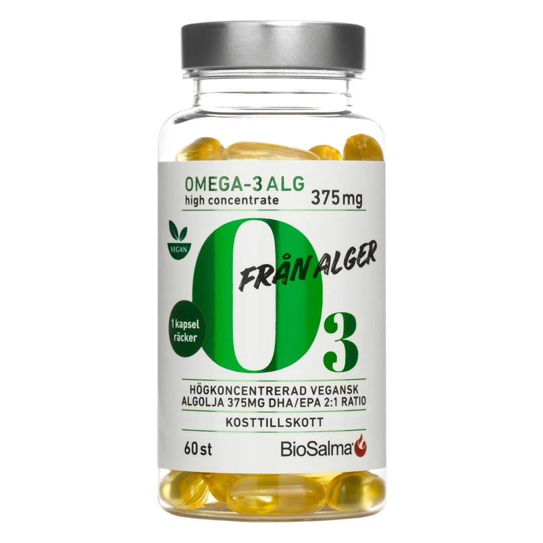 BioSalma Omega-3 Alg 375 mg 60 caps i en transparent burk med vit etikett, gröna detaljer och gyllene kapslar.