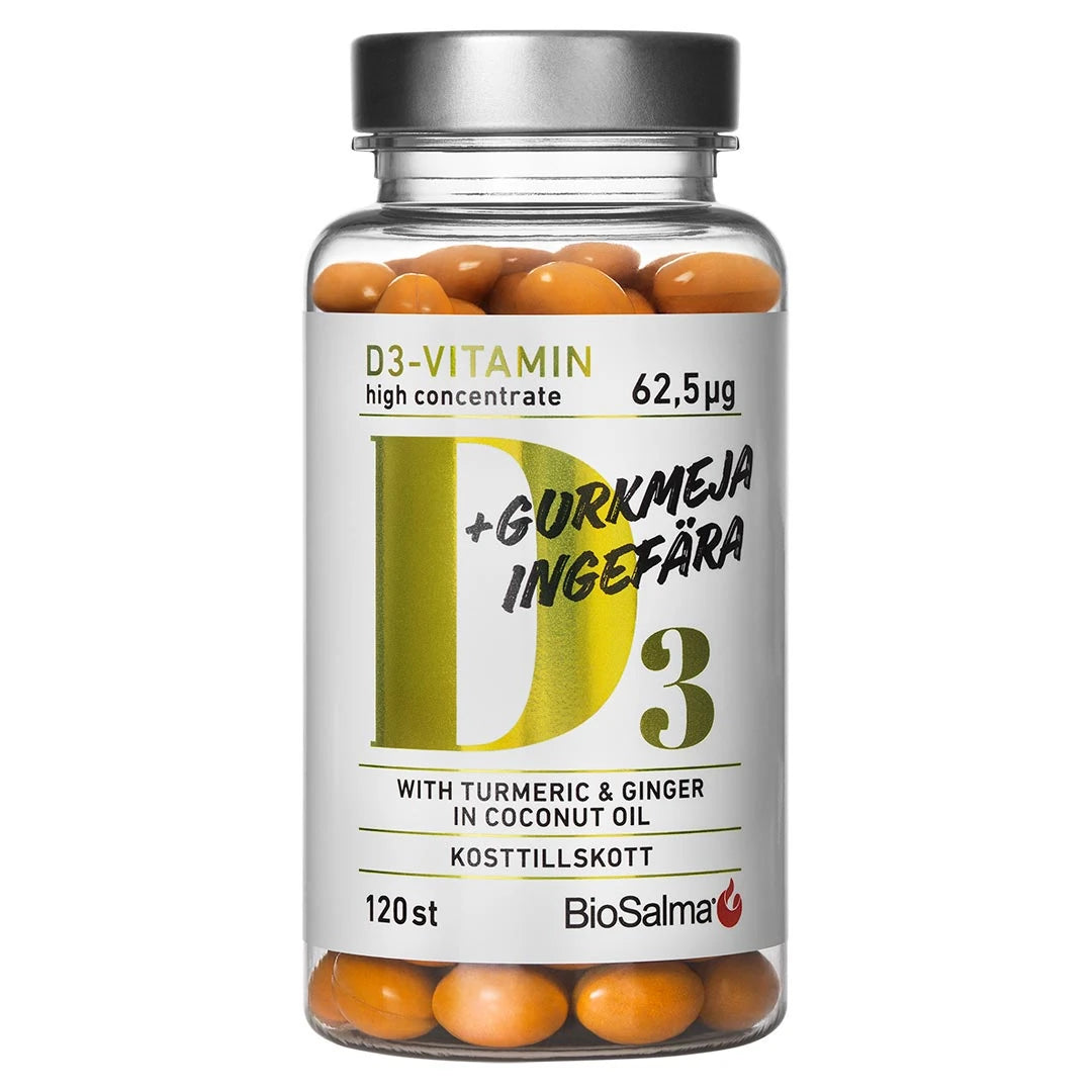 BioSalma D3 + Gurkmeja & Ingefära 120 caps, kosttillskott i en transparent burk med orangea kapslar.