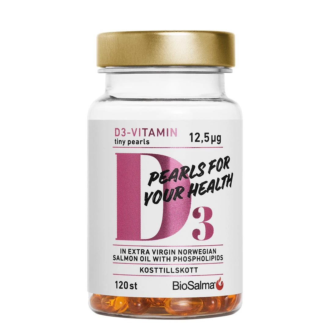 BioSalma D3-vitamin Tiny Pearls 12.5ug 120 caps i en transparent burk med vitt och rosa etikett samt guldfärgat lock.