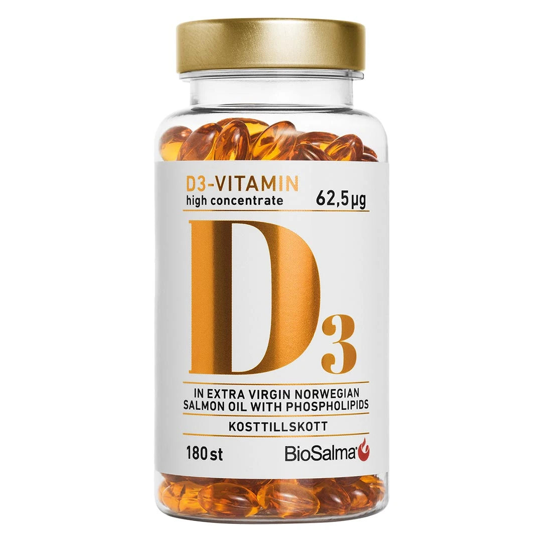 BioSalma D3-vitamin high concentrate 62.5 ug 180 caps i en klar burk med vit etikett, guldkork och gyllene kapslar.