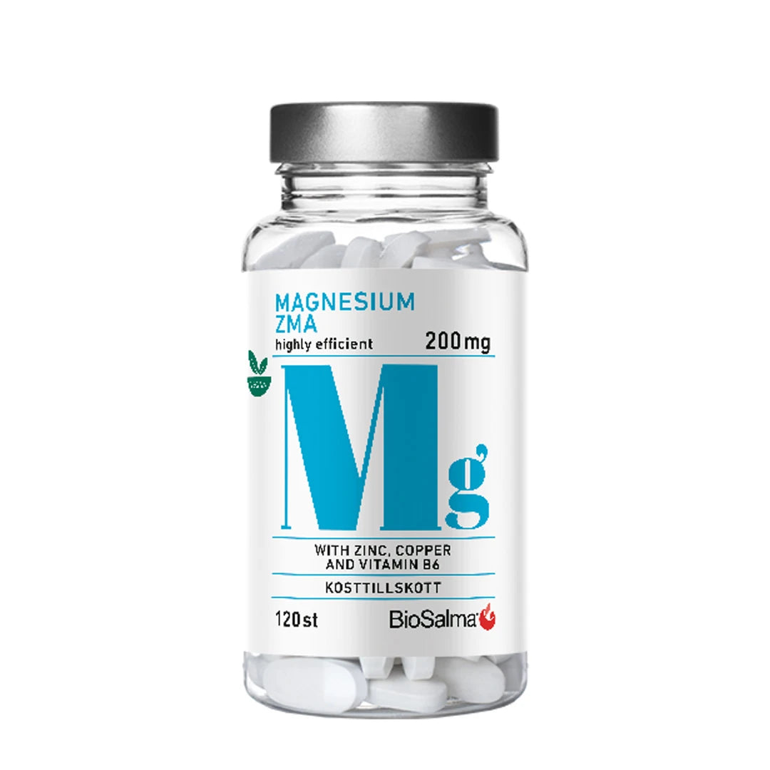 BioSalma Magnesium ZMA 200 mg 120 tabs i en genomskinlig plastburk med silverlock och vit etikett med ljusblå detaljer.