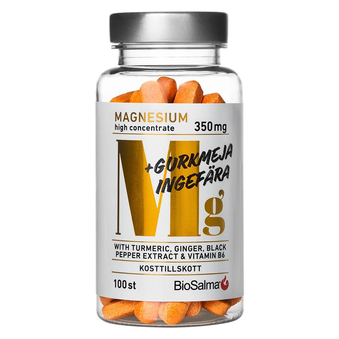 BioSalma Magnesium 350 mg + Gurkmeja & Ingefära 100 tabs i en transparent burk med orangefärgade tabletter.