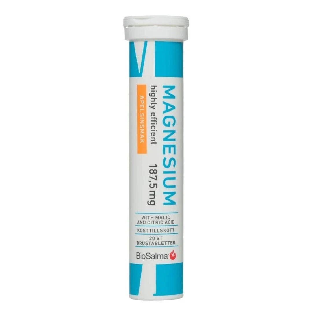BioSalma Magnesium Brus 20 tabs, ett vitt rör med ljusblå detaljer för brustabletter med apelsinsmak.