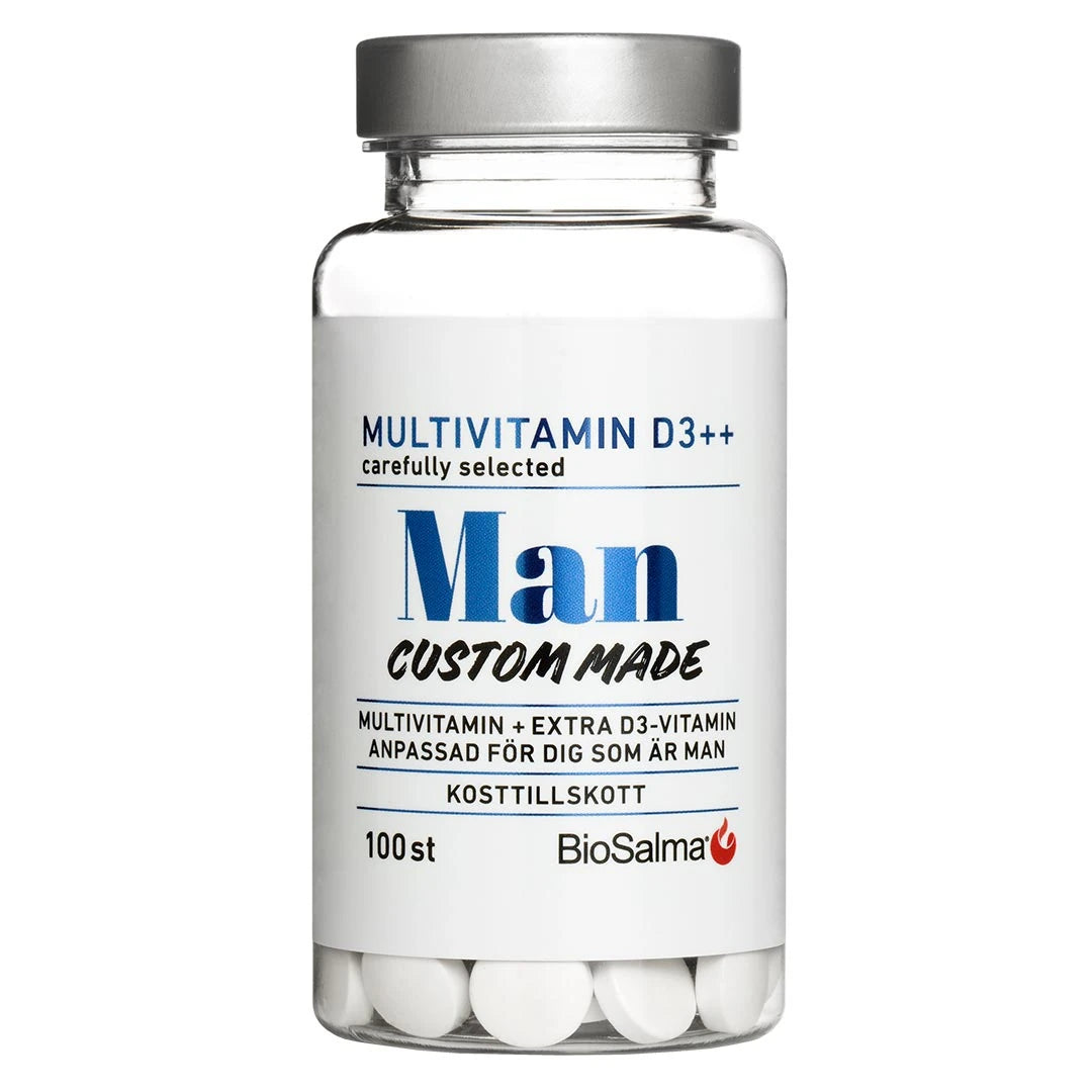 BioSalma Multivitamin Man D3++ 100 tabs i en transparent burk med vit etikett och blå text, fylld med vita tabletter.