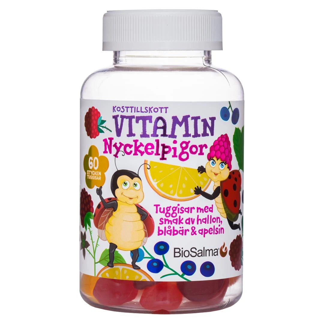 BioSalma Multivitamin Nyckelpiga Barn 60 pcs i en genomskinlig plastburk med färgglad etikett och illustrationer av insekter och bär.