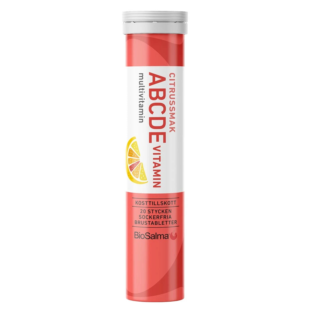 BioSalma ABCDE-Vitamin Brus 20 tabs, sockerfria multivitaminer i ett rött och vitt rör med citrussmak.