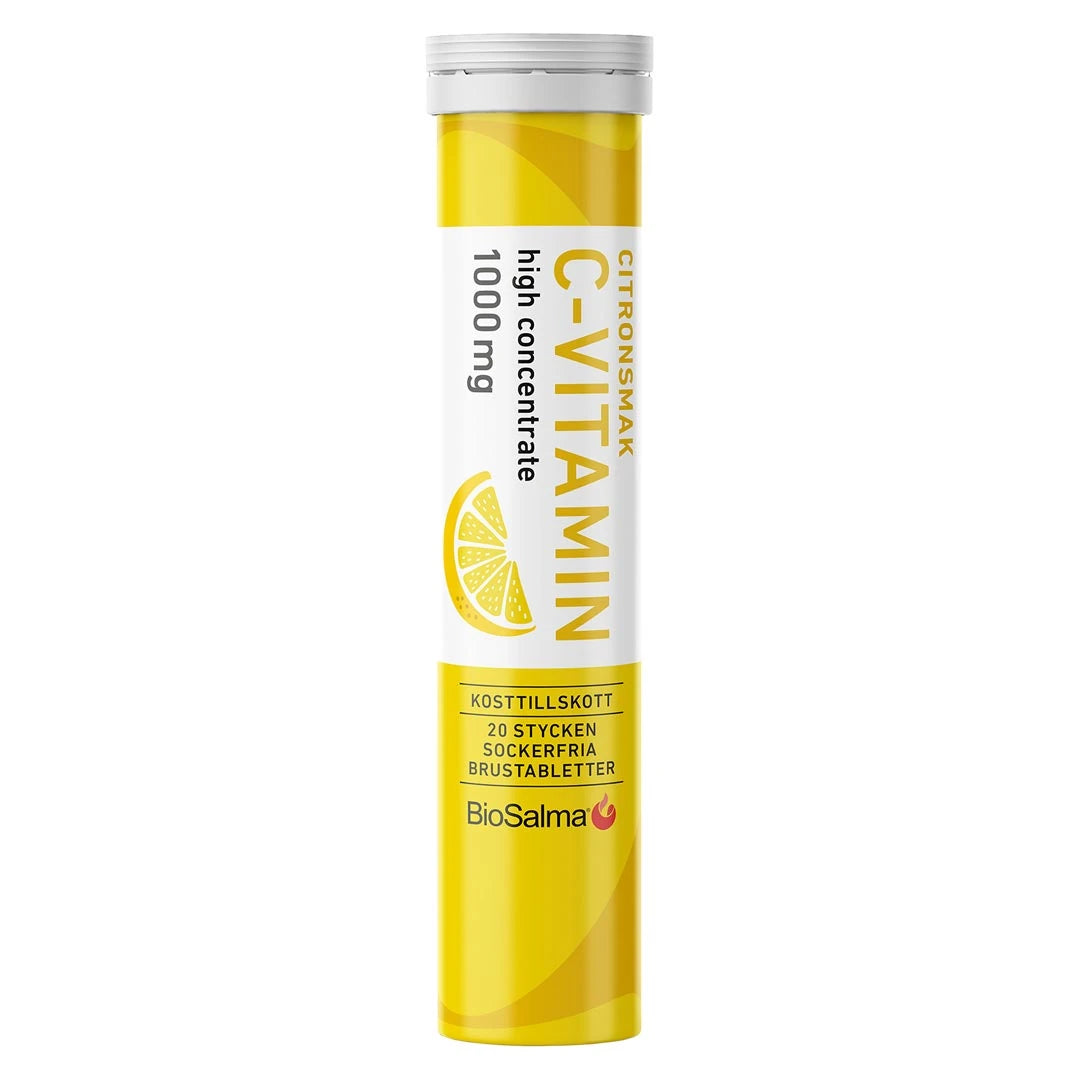 BioSalma C-vitamin Brus 20 pcs i ett gult rör med citronsmak och texten high concentrate 1000 mg.