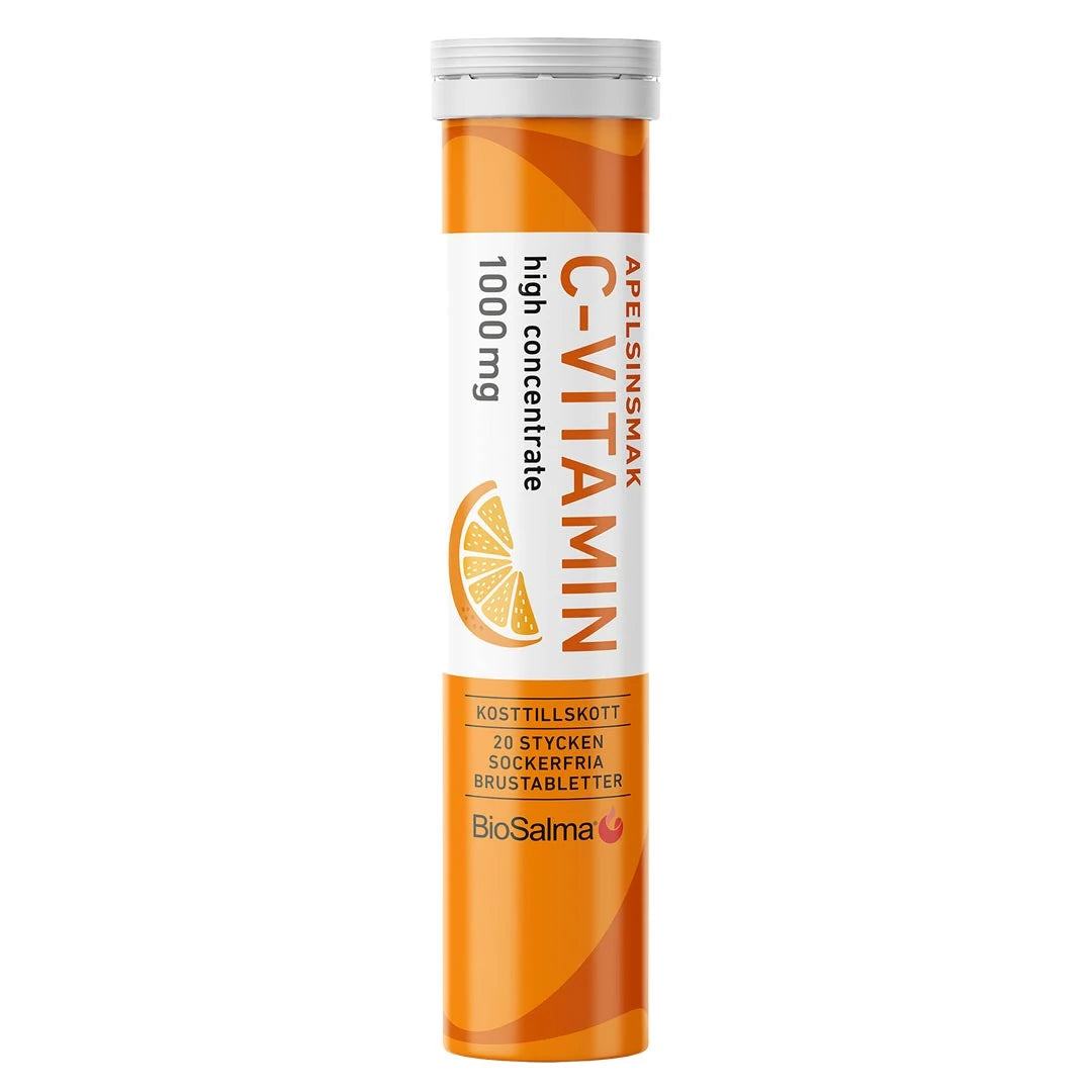 BioSalma C-vitamin Brus 20 pcs brustabletter i ett orange och vitt rör för smaken apelsin.