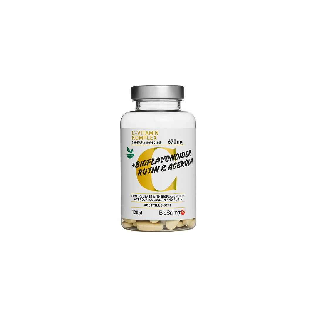 BioSalma C-vitaminkomplex + Bioflavonider 120 tabs i en transparent burk med vit etikett och gula detaljer.