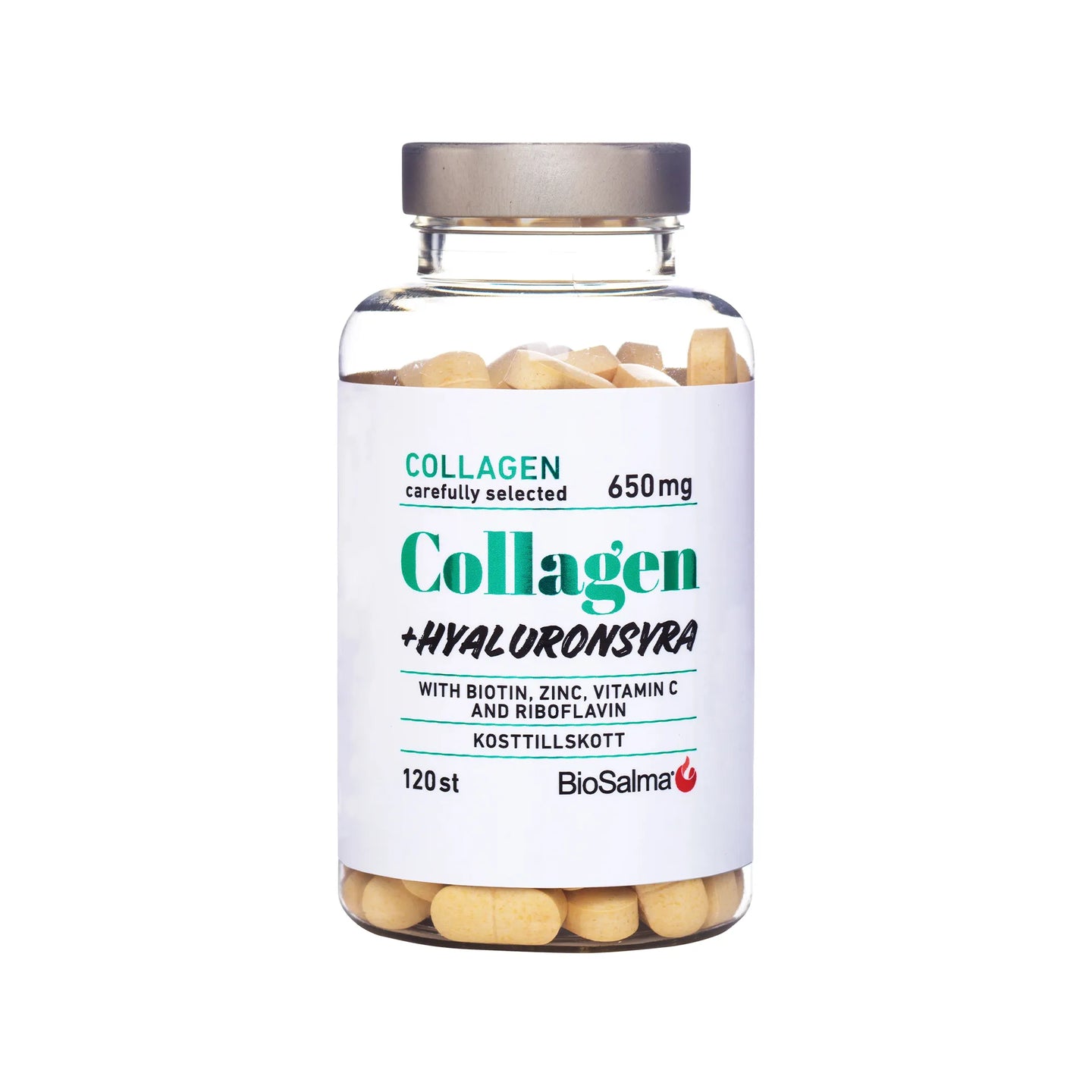 BioSalma Collagen + Hyaluronsyra 120 tabs i en transparent burk med vit etikett och gröna detaljer.