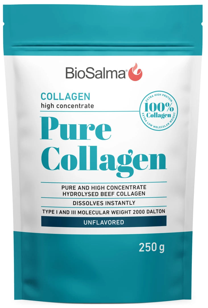 BioSalma Pure Collagen 250 g naturellt kollagenpulver i en vit påse med turkosa detaljer.