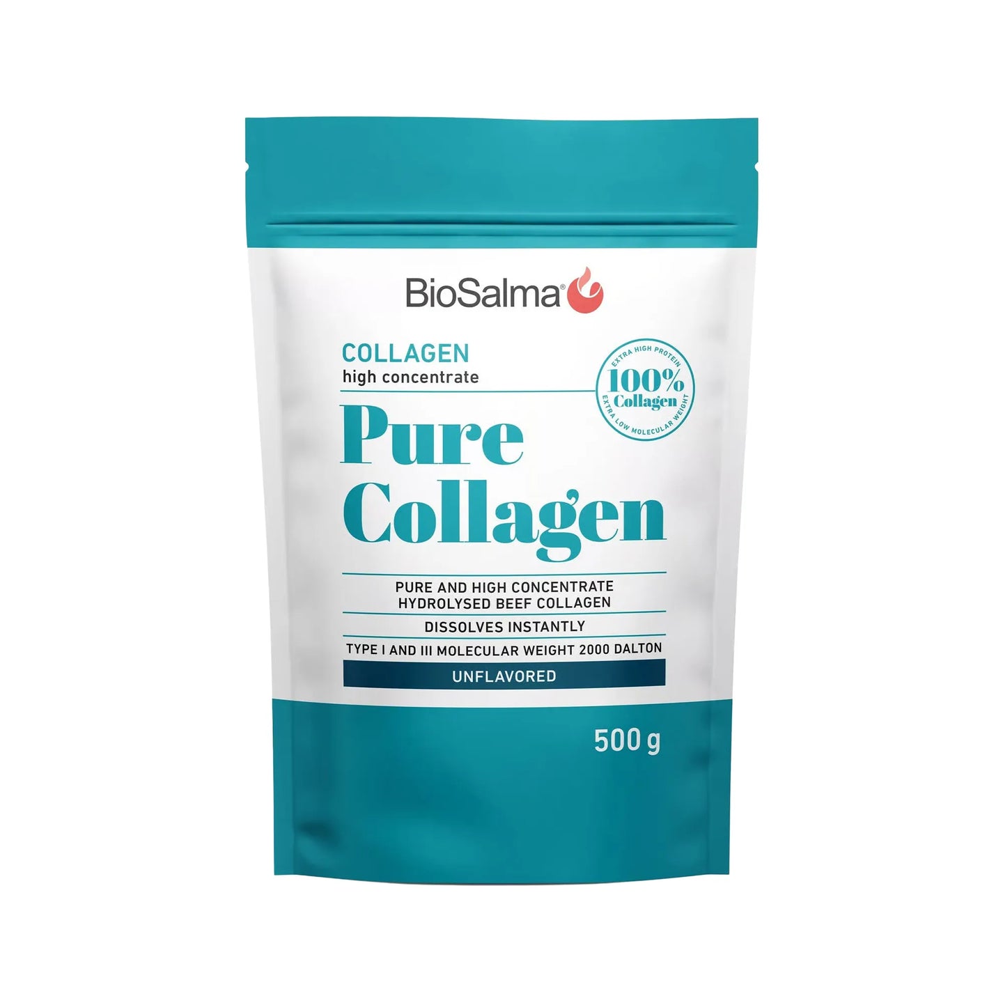BioSalma Pure Collagen 500 g kollagenpulver i en vit påse med turkosa detaljer och naturell smak.
