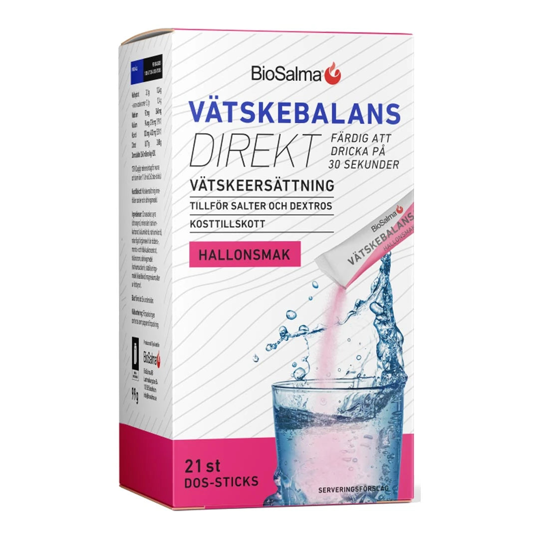 BioSalma Vätskebalans Direkt 21 pcs vätskeersättning i en vit och rosa ask med hallonsmak.