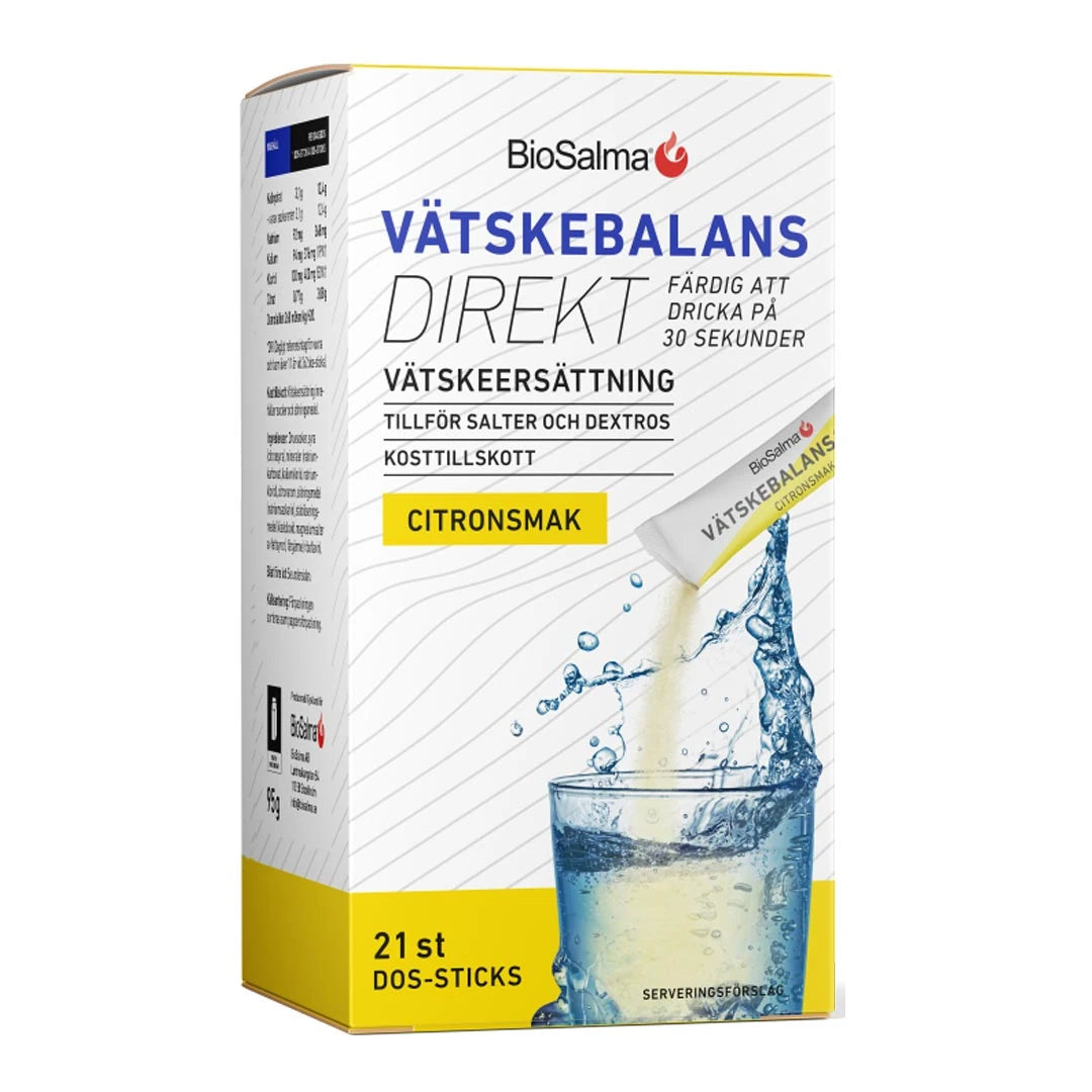 BioSalma Vätskebalans Direkt 21 pcs vätskeersättning, vit och gul kartong med citronsmak och ett glas vatten.