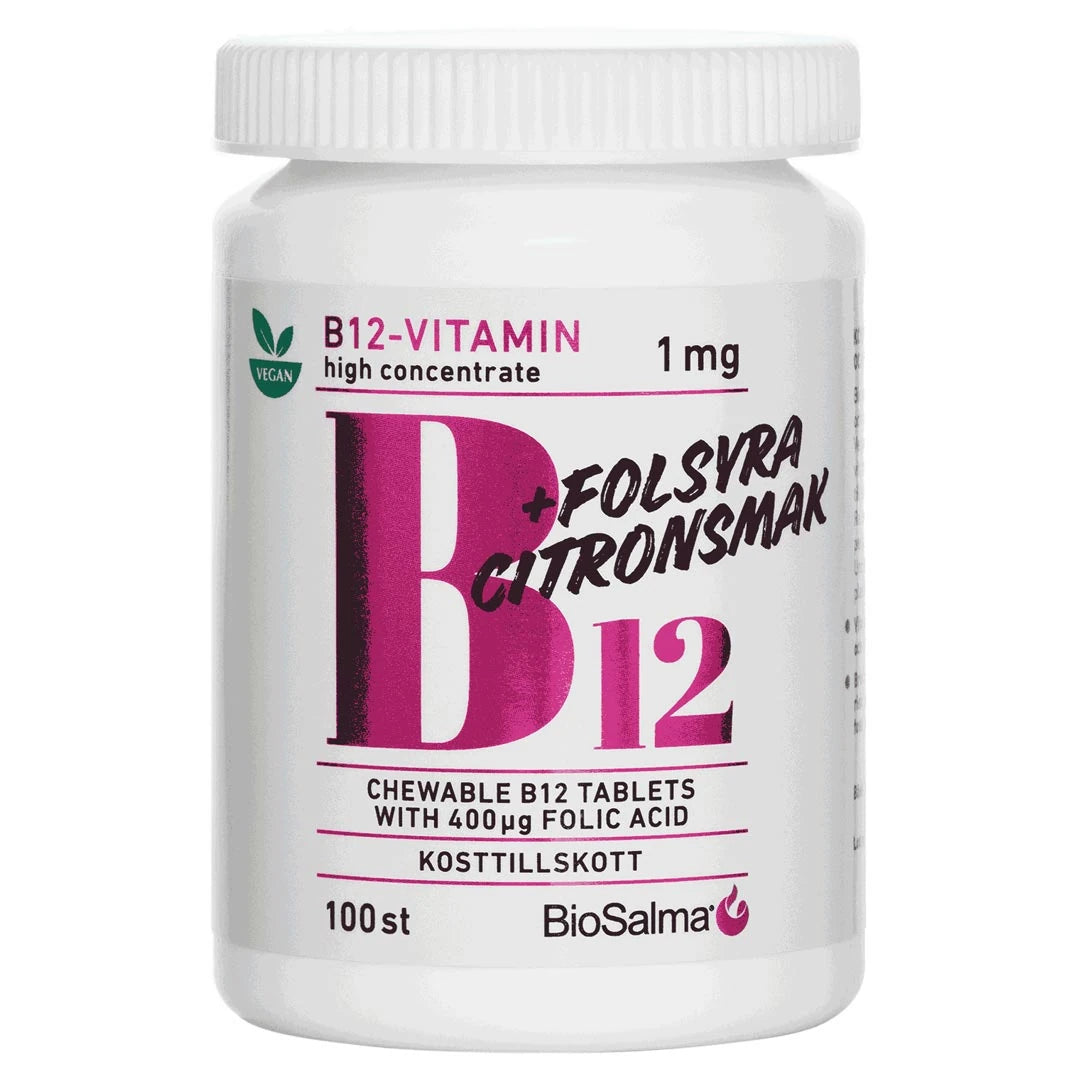 BioSalma B12 Vitamin + Folsyra 100 pcs tuggtabletter med citronsmak i en vit burk med stor rosa text.
