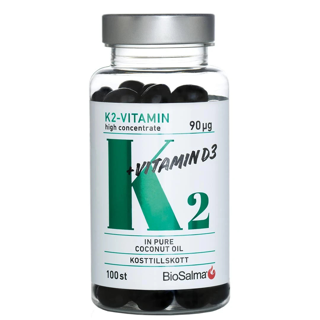 BioSalma K2-vitamin High Concentrate 90 µg 100 caps i en transparent burk med silverlock och mörka kapslar.