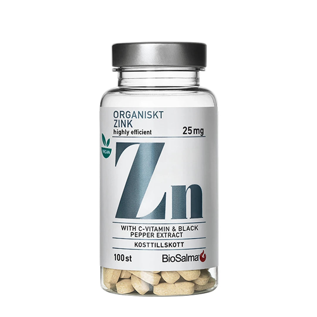 BioSalma Organiskt Zink 25 mg 100 tabs i en transparent burk med silverlock, vit etikett och synliga tabletter.