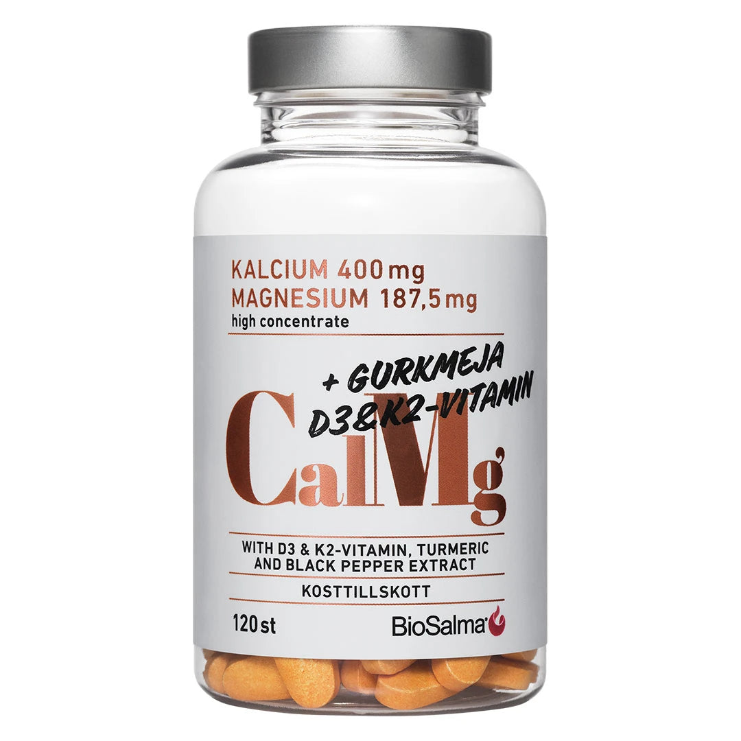 BioSalma Kalcium+ Magnesium 120 tabs kosttillskott, förpackat i en transparent burk med svart lock och vit etikett med kopparfärgade detaljer.