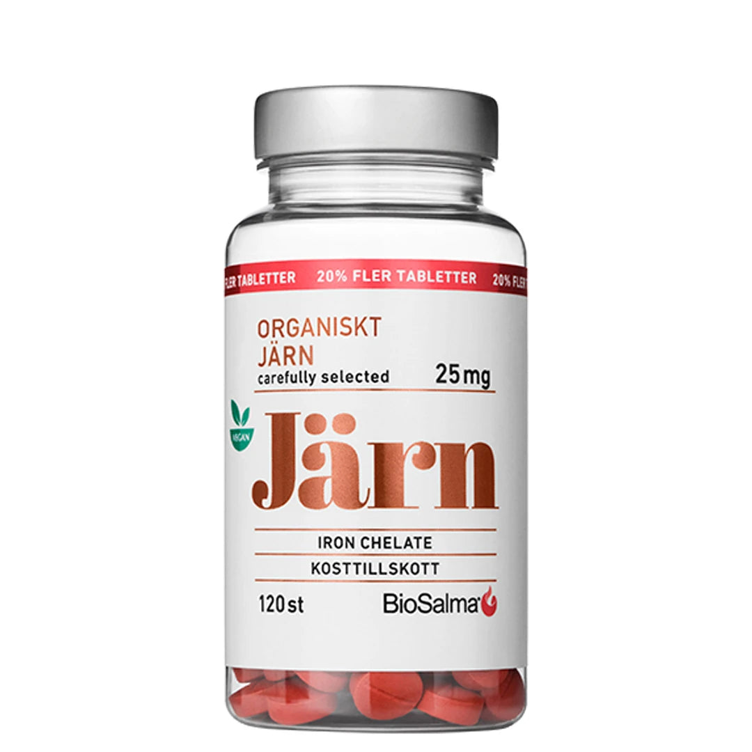 BioSalma Organiskt Järn 25 mg 120 tabs i en transparent burk med silverlock och synliga röda tabletter.