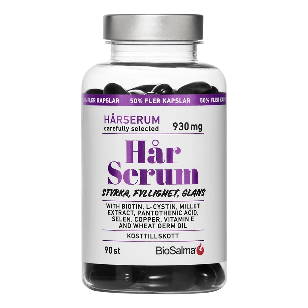 BioSalma HårSerum 90 caps kosttillskott i en genomskinlig burk med vit etikett, lila text och silverlock.