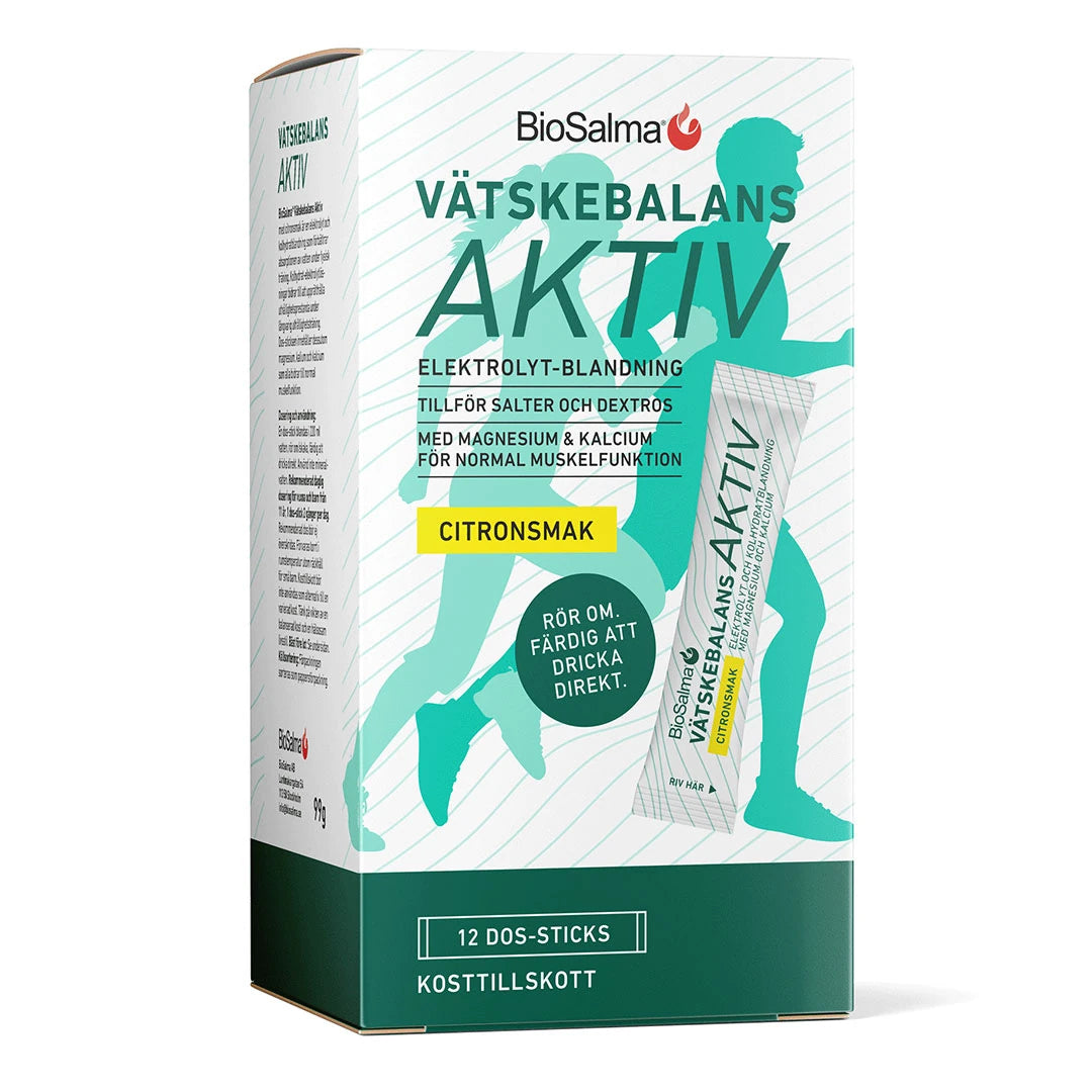 BioSalma Vätskebalans Aktiv 12 pcs vätskeersättning med citronsmak, förpackad i en vit och grön pappask.