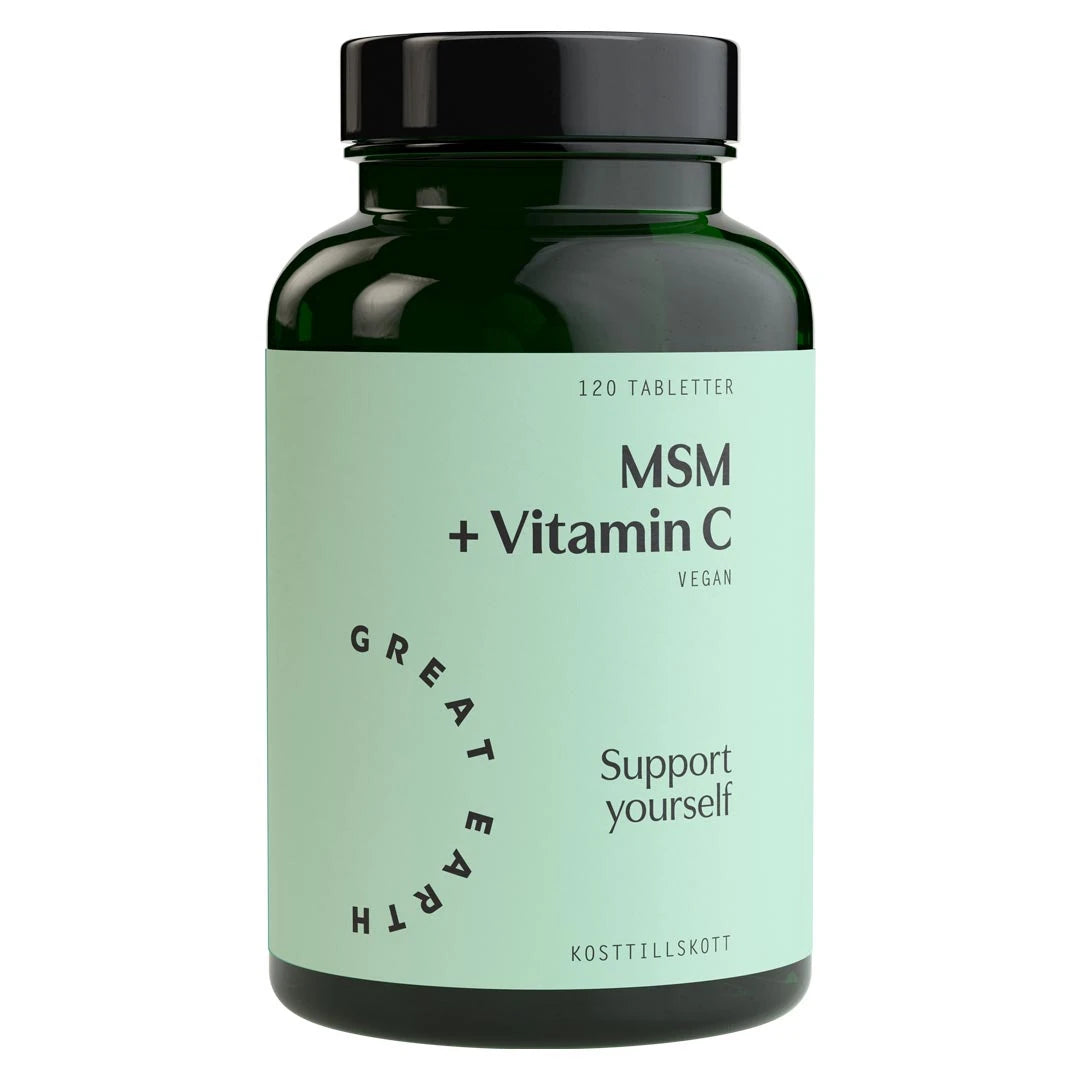 Great Earth MSM + Vitamin C 120 tab i en mörkgrön burk med svart lock och ljusgrön etikett.
