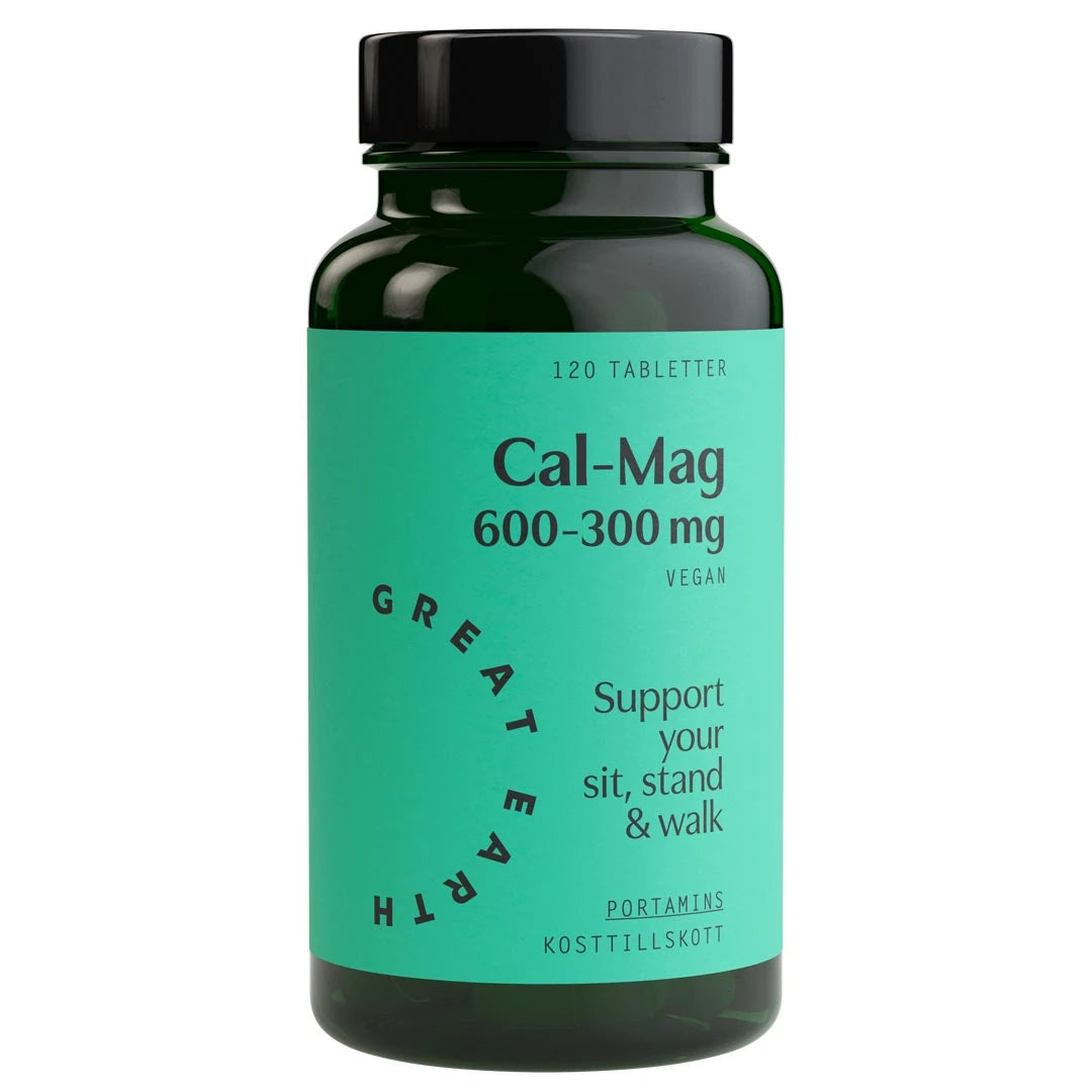Great Earth Cal-Mag 600-300 mg 120 tab, veganska mineraler i en mörkgrön burk med turkos etikett.