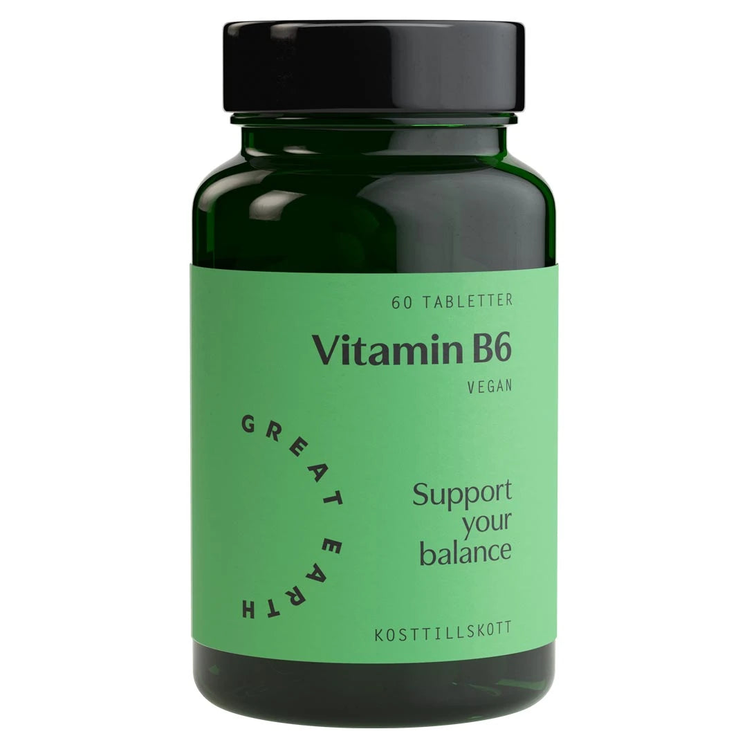 Great Earth Vitamin B6 60 tabs kosttillskott i en mörkgrön burk med ljusgrön etikett och svart lock.