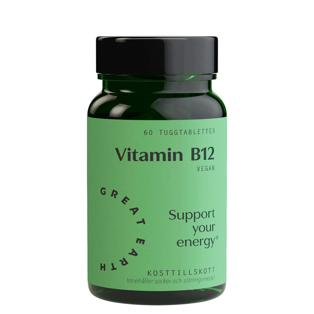 Great Earth Vitamin B12 60 Tuggtabletter förpackade i en grön burk med svart lock.