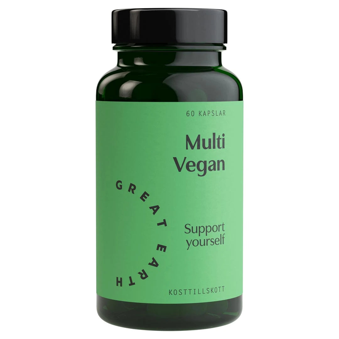 Great Earth Multi Vegan 60 caps, vegansk multivitamin förpackad i en mörkgrön burk med ljusgrön etikett.