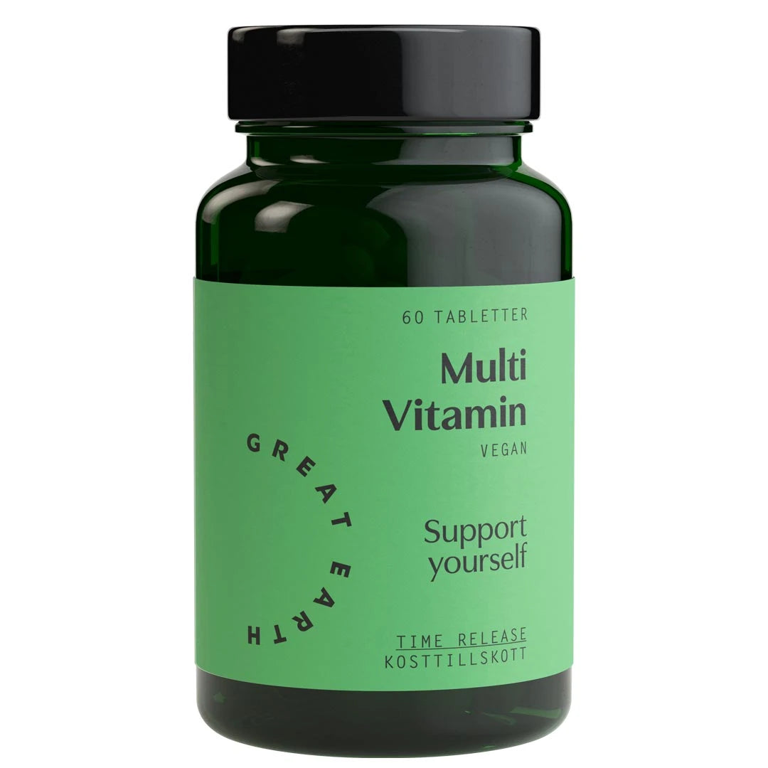 Great Earth Multi Vitamin 60 tabs i en mörkgrön burk med svart lock och ljusgrön etikett.