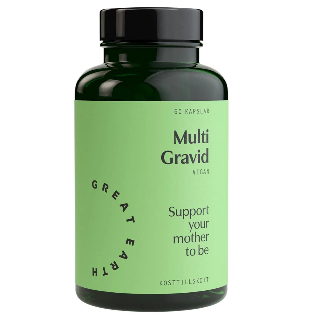 Great Earth Multi Gravid 60 kap i en mörkgrön burk med ljusgrön etikett, ett veganskt multivitamin för gravida.
