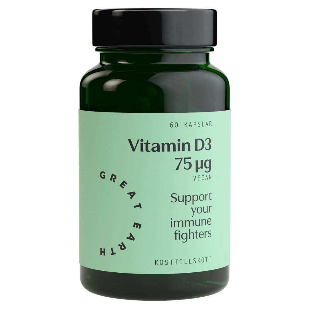 Great Earth Vitamin D3 75 μg 60 caps i en mörkgrön burk med svart lock och ljusgrön etikett.