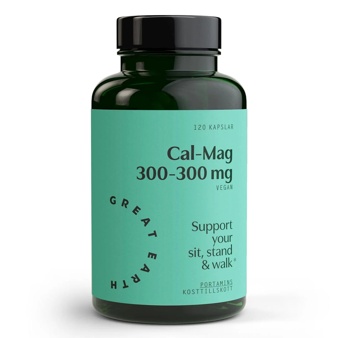 Great Earth Cal-Mag 300-300 mg 120 caps kosttillskott i en mörkgrön burk med svart lock och turkos etikett.