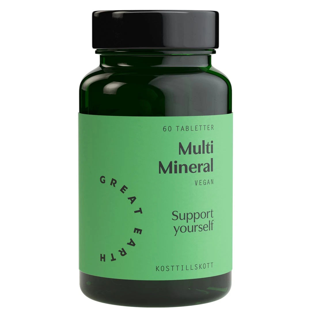 Great Earth Multi Mineral 60 tabs veganskt kosttillskott, mörkgrön burk med ljusgrön etikett och svart lock.