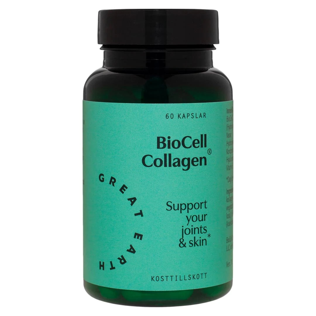 Great Earth BioCell Collagen 60 caps kosttillskott i en mörk burk med grön etikett.