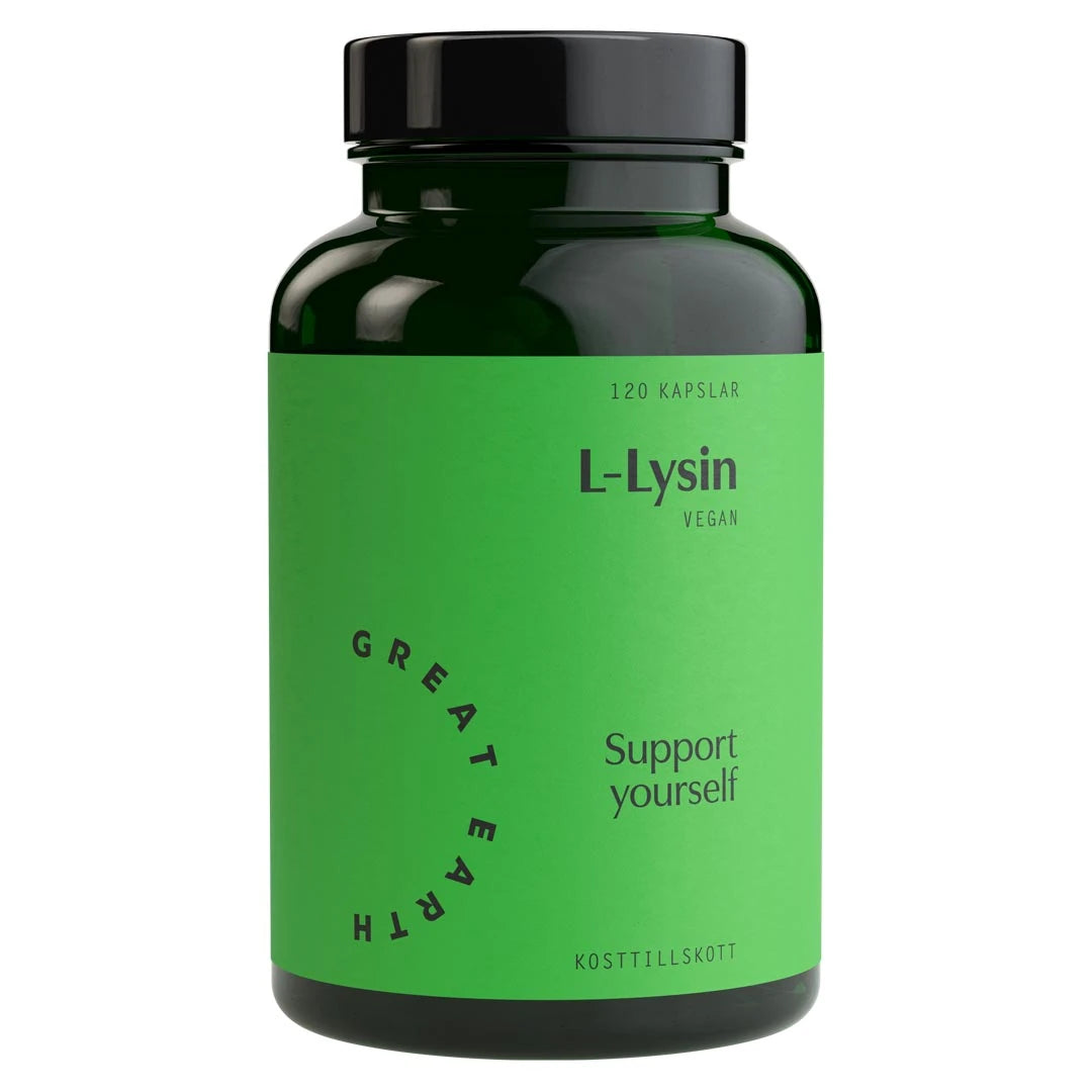 Great Earth L-Lysin 120 caps, veganskt kosttillskott i en mörkgrön burk med ljusgrön etikett och svart lock.