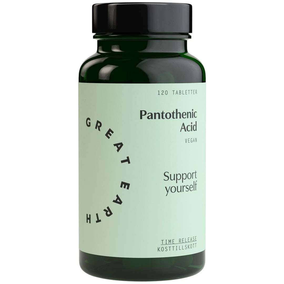 Great Earth Pantothenic Acid 120 tabs i en mörkgrön burk med ljusgrön etikett och svart text.