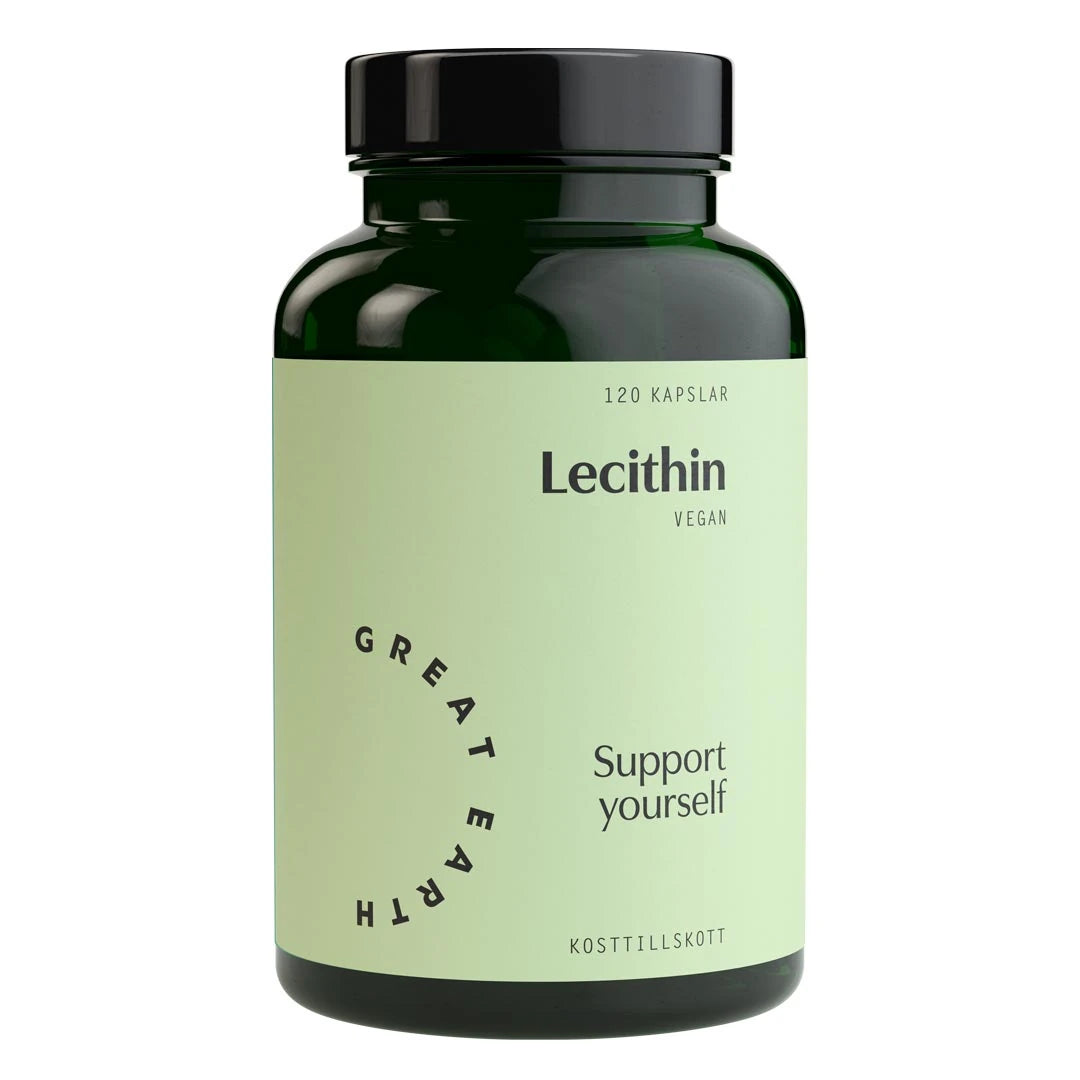 Great Earth Lecithin 120 caps veganskt kosttillskott i en mörkgrön burk med ljusgrön etikett.