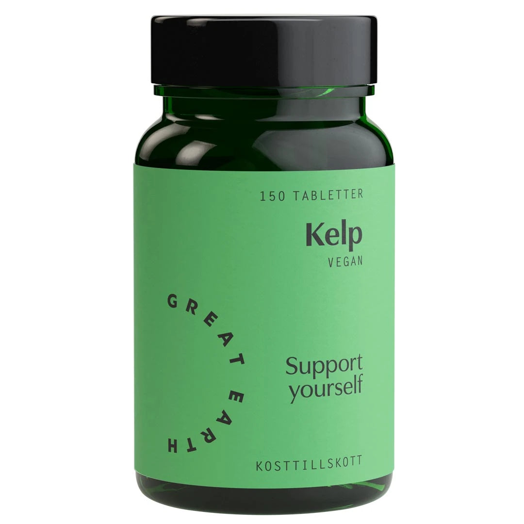 Great Earth Kelp 150 tabs veganskt kosttillskott i en mörkgrön burk med svart lock och ljusgrön etikett.