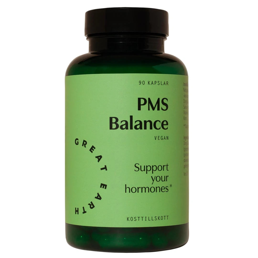 Great Earth PMS Balance 90 caps i en mörkgrön burk med ljusgrön etikett.