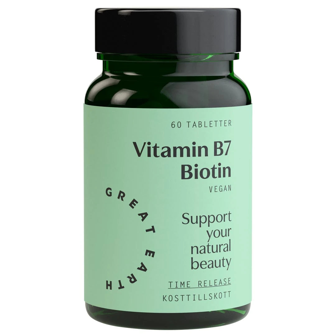 Great Earth Vitamin B7 - Biotin 60 tabs kosttillskott i en mörkgrön burk med ljusgrön etikett och svart lock.