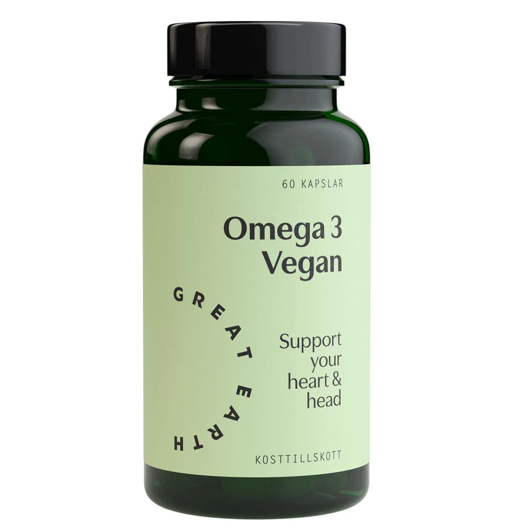 Great Earth Omega 3 Vegan 60 caps i en mörkgrön burk med ljusgrön etikett och svart text.