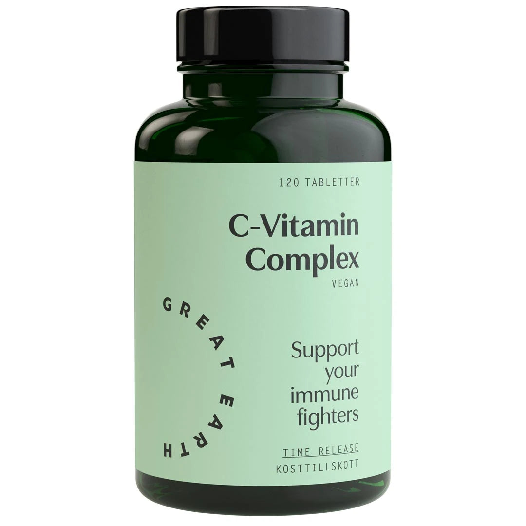 Great Earth C-Vitamin Complex 120 tabs i en mörkgrön plastburk med ljusgrön etikett och svart lock.