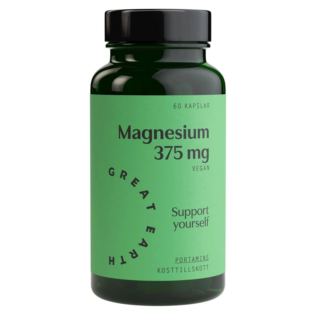 Great Earth Magnesium 375 mg 60 caps förpackad i en mörkgrön burk med svart lock och ljusgrön etikett.