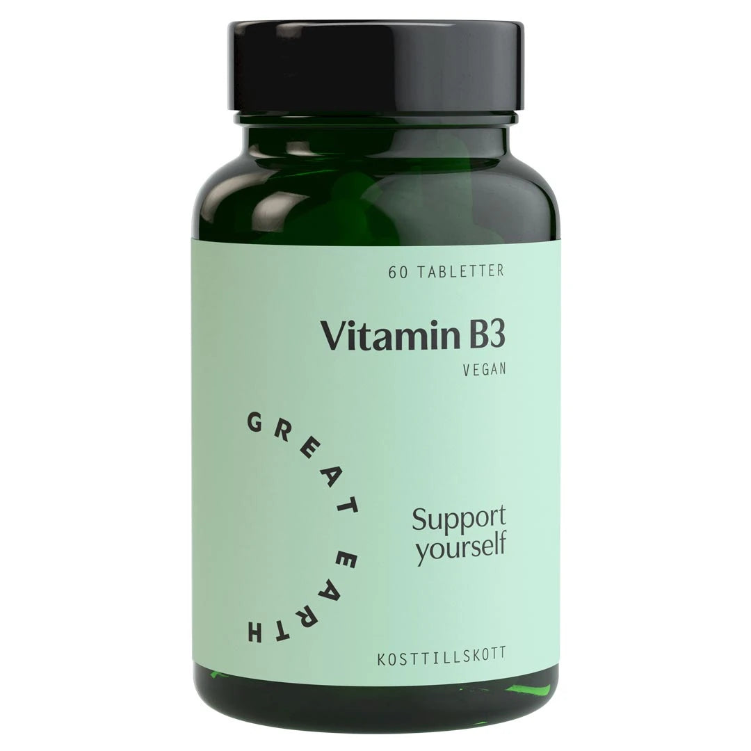 Great Earth Vitamin B3 60 tabs i en mörkgrön burk med ljusgrön etikett och svart lock.