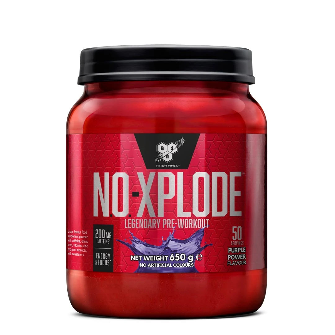 BSN N.O. Xplode Legendary 650 g PWO-pulver i en röd burk med svart lock och smaken Purple Power.