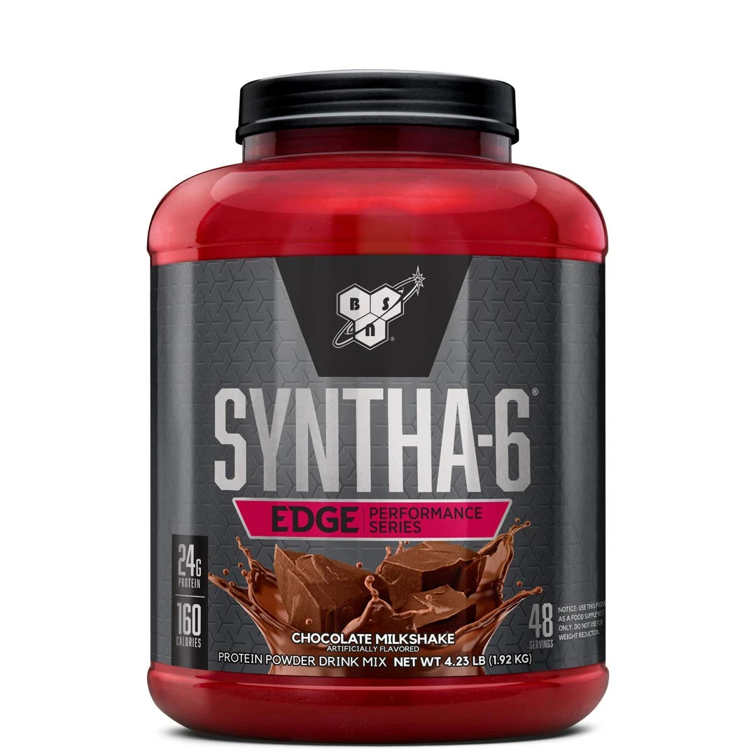 BSN Syntha 6 EDGE 1.92 kg proteinpulver i en röd burk med svart etikett för smaken Chocolate Milkshake.